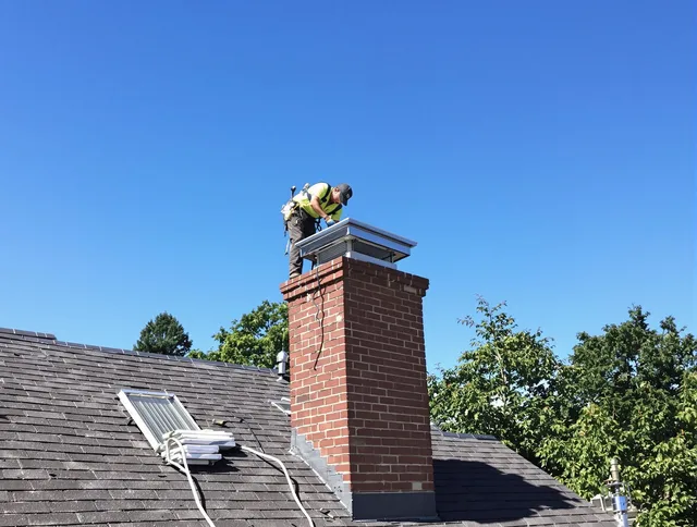 Aurora Chimney Sweep technician measuring a chimney cap in Aurora, OH